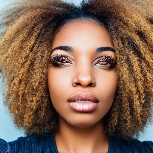 Image similar to a closeup portrait of a black woman with brown hair and brown eyes. Extremely clear and high quality eyes with reflection, realistic face and details, clear lips and high quality