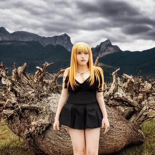 Image similar to misa amane looking away, standing near a dead tree with mountain in the background, sunset with cloudy skies, in a different realm, award winning dslr photography, clear image, global illumination, radiant lighting, intricate environment