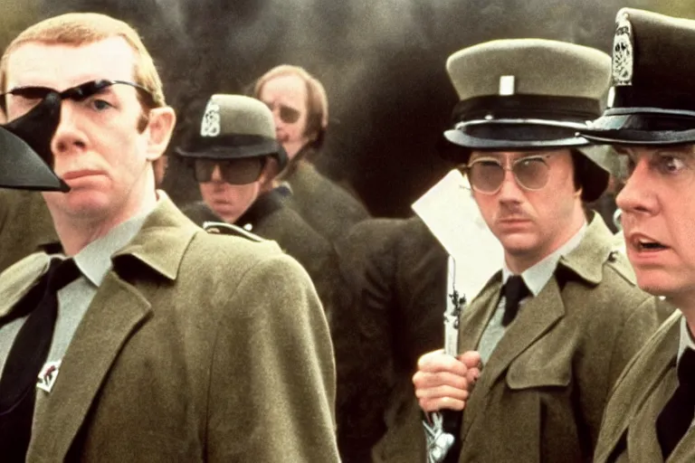 Prompt: a still of the movie hot fuzz directed by stanley kubrick in 1 9 8 0