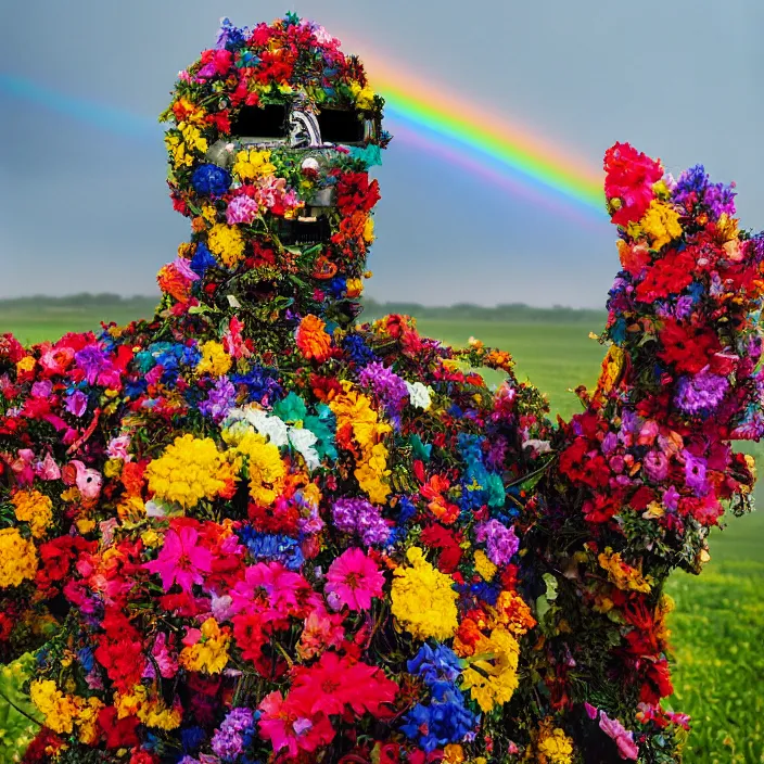 Prompt: closeup portrait of a robot wearing a cloak made of flowers and rainbows, in an empty field, by Annie Leibovitz and Steve McCurry, natural light, detailed face, CANON Eos C300, ƒ1.8, 35mm, 8K, medium-format print