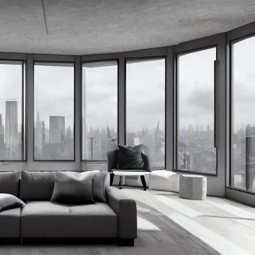 Image similar to brutalist open living room, big windows, showing city landscape on background, minimalist architecture, minimalist furniture, octane render, high quality, 8 k, post production