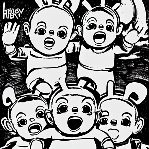 Prompt: The Teletubbies playing industrial music, illustration, artsation, smooth, official