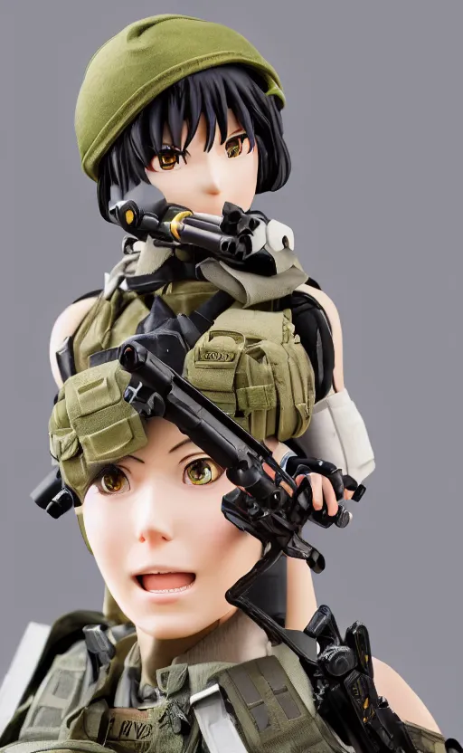 Image similar to portrait of the action figure of a female soldier, highly detailed, high resolution, toy, good smile company anime style, japanese collection product, stunning, girls frontline style, bokeh soft, 100mm, trending on instagram, by professional photographer, realistic human anatomy, realistic military carrier, modern warfare, realistic weapon, shot with a arriflex 35 ii, low saturation, small eyes, desert in background