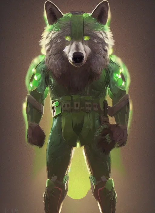 Image similar to green eyed superhero with wolf head and bear body, hyper detailed, digital art, trending in artstation, cinematic lighting, studio quality, smooth render, unreal engine 5 rendered, octane rendered, art style by klimt and nixeu and ian sprigger and wlop and krenz cushart.