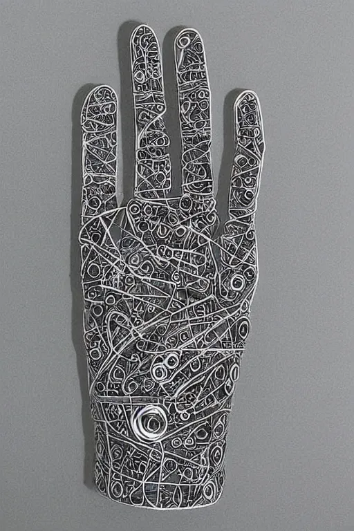 Image similar to cybernetic robotic hand made of engraved ceramic, wires and circuitry, engraved in sanskrit writing