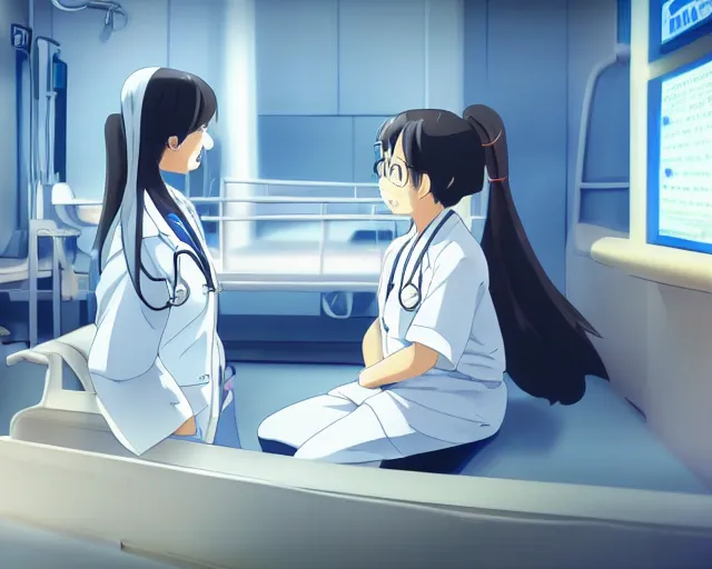 Image similar to a cute young female doctor wearing white coat are talking to a little baby in blue shirt in a hospital, slice of life anime, lighting, anime scenery by Makoto shinkai