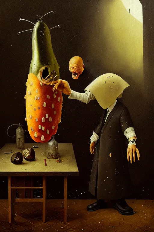 Prompt: hieronymus bosch, greg rutkowski, anna podedworna, painting of a pickle in a suit and tie