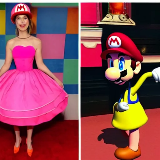 Image similar to mario from super mario wearing a pink dress, pixar animation