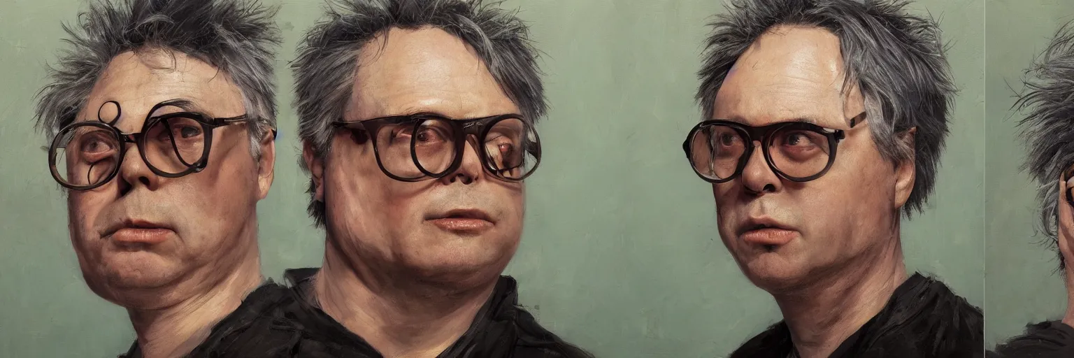 Prompt: colorful oil painting of character faces, realistic marc ribot turning into todd solondz, melting, glasses, disturbed, character sheet, fine details, concept design, contrast, kim jung gi, greg rutkowski and da vinci, 8 k, emotional, face turnaround 3 6 0, front view, back view, side view, ultra wide angle
