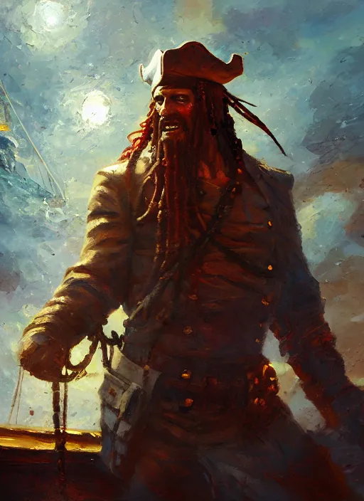 Image similar to oil painting with heavy impasto of pirate captain on the quarter - deck of his ship, cosmic horror painting, elegant intricate artstation concept art by craig mullins detailed