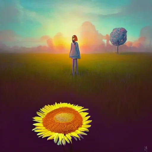 Image similar to giant daisy flower as a head, frontal, a girl in a suit, surreal photography, sunrise, dramatic light, impressionist painting, digital painting, artstation, simon stalenhag