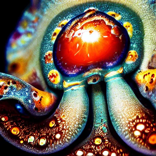 Image similar to fiery whimsical emotional eyes cephalopod, in a photorealistic macro photograph with shallow dof, in the deepest seas of the unconscious psyche