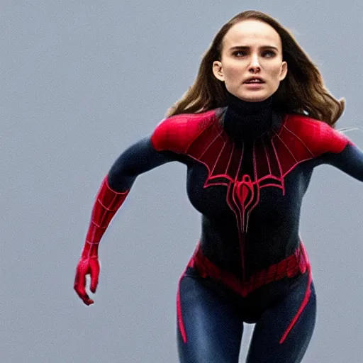 Image similar to Natalie Portman as spiderwoman, dramatic cinematic portrait, rain