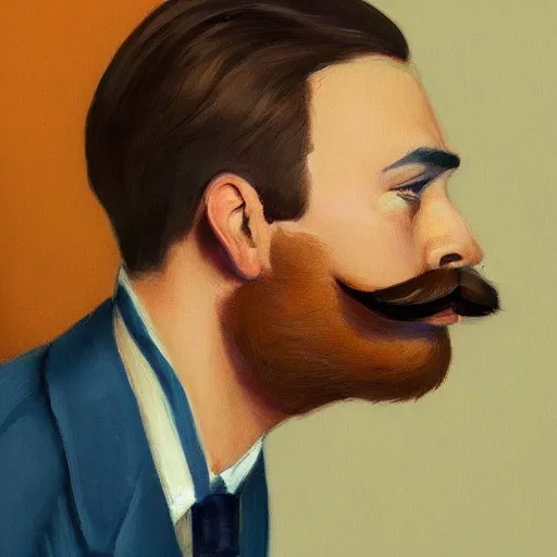 Image similar to a brown haired man with a 5 o'clock shadow mustache, detailed, edward hopper, trending on artstation,