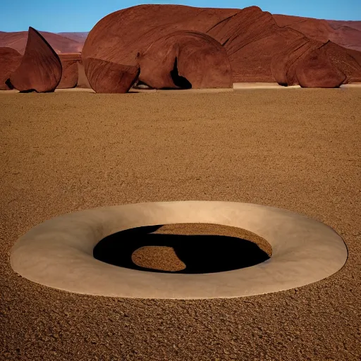 Image similar to land art sculptural complex built in the Mojave desert, beautiful dynamic lighting, cinematic, wide angle establishing shot, extremely high detail, photo realistic, cinematic lighting, post processed, concept art, artstation, matte painting, style by michael heizer, Donald Judd, Richard serra, volumetric lighting, light rays, photorealistic, ultrarealistic, moody, coronarender, 8k