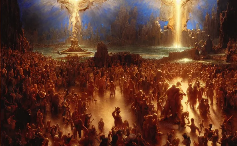 Image similar to alvah angelrune water portal to hell located in heaven, crowd of people, rule of thirds, 4 k, dark bright effect, highly detailed painting by gaston bussiere, craig mullins, j. c. leyendecker, michelangelo