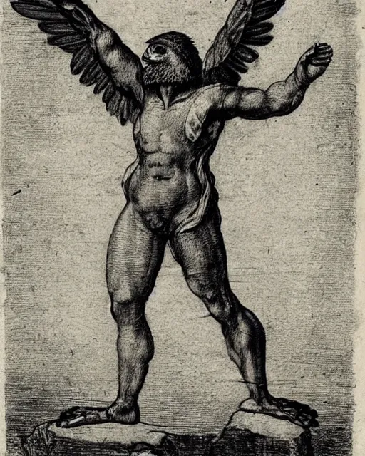 Image similar to human - eagle creature with one big beak, drawn by da vinci