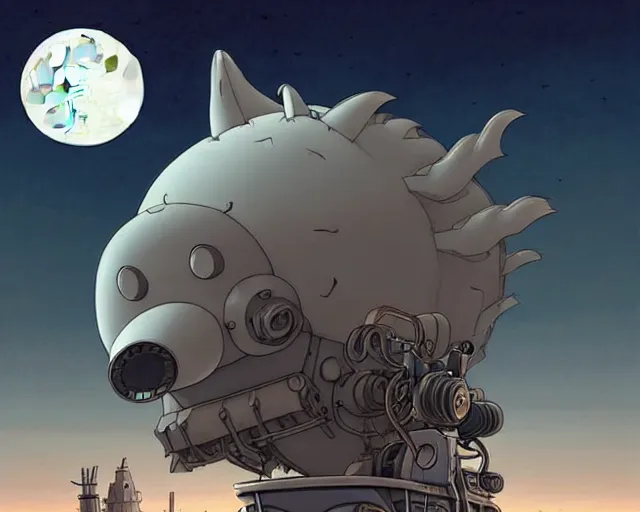 Image similar to a cell shaded cartoon grey lovecraftian mechanized wolf from howl's moving castle ( 2 0 0 4 ), with a big head, on a desert road, wide shot, in front of a big moon, muted colors, post grunge, josan gonzales, wlop, by james jean, victor ngai, hq, deviantart, art by artgem