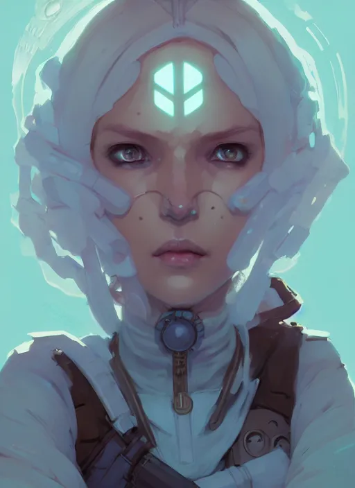 Image similar to portrait of cute psyker maiden girl, warhammer, cyberpunk by atey ghailan, by greg rutkowski, by greg tocchini, by james gilleard, by joe gb fenton, by in kaethe butcher, dynamic lighting, gradient light blue, brown, blonde cream and white color in scheme, grunge aesthetic