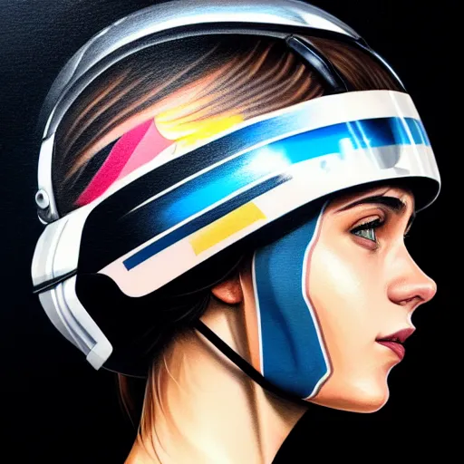 Prompt: profile photo of a girl driver with a helmet and a visor with high detailed tattoos on neck, side profile in underwater, highly detailed, digital painting, artstation, concept art, smooth, sharp focus, illustration by Sandra Chevrier