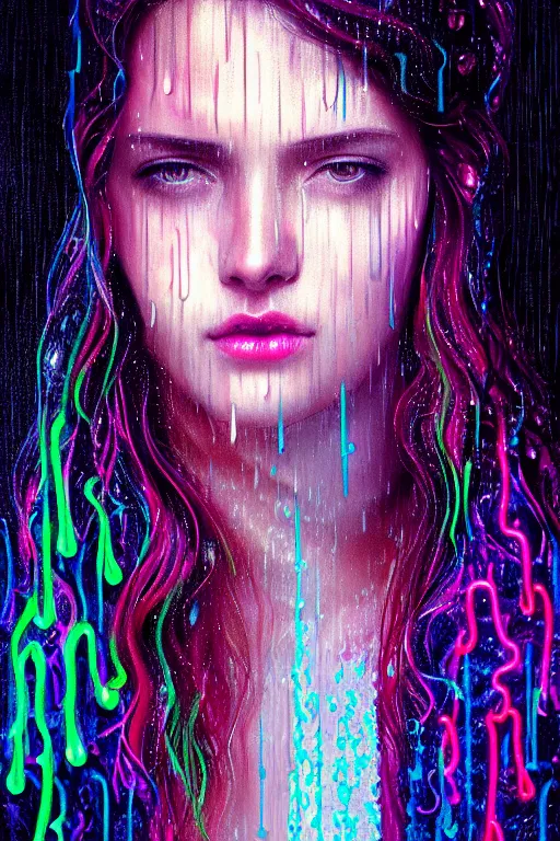 Prompt: portrait of a woman in the glowing neon rain with wet hair and face, rain drops, fantasy, intricate, elegant, dramatic lighting, highly detailed, lifelike, photorealistic, digital painting, artstation, concept art, smooth, sharp focus, illustration, art by John Collier and Albert Aublet and Krenz Cushart and Artem Demura and Alphonse Mucha