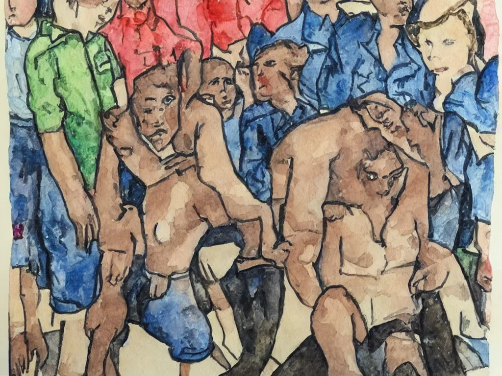 Image similar to tom of finland outsider art children's illustration watercolor painting