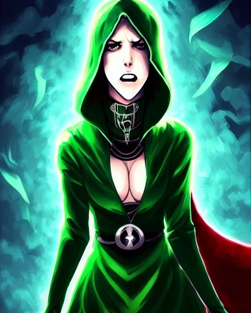 Prompt: artgerm, eiichiro oda, pixiv, concept art, digital painting, cinematics lighting, beautiful Anna Kendrick supervillain Enchantress, green dress with a black hood, angry, symmetrical face, Symmetrical eyes, full body, flying in the air over city, night time, red mood in background