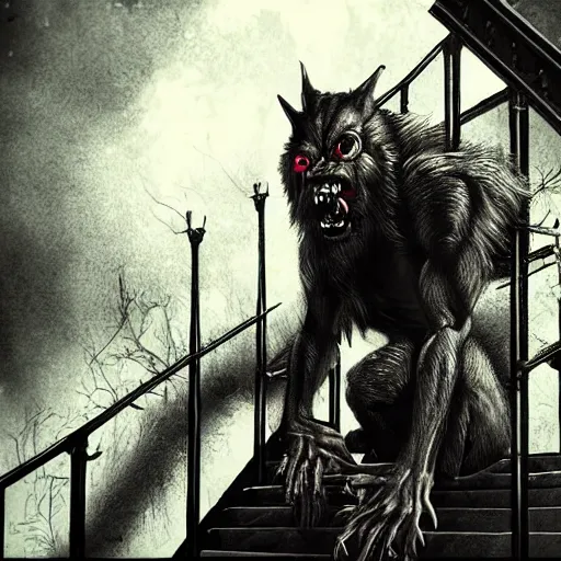 Image similar to fierce werewolf crawling up a staircase looking at camera, horror art, creepy, sinister, art station, 4k