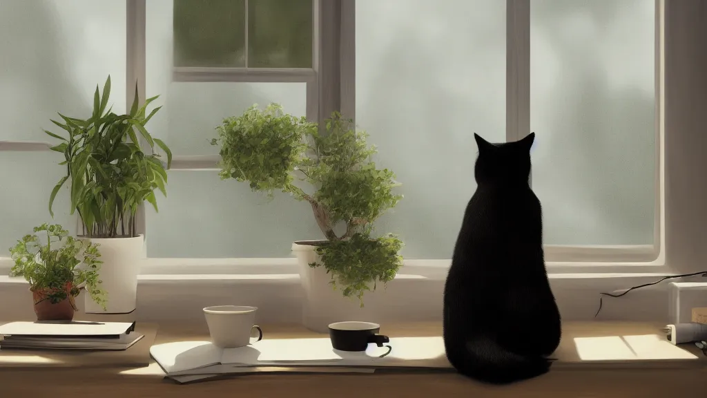 Image similar to peaceful dreamy painting of a sitting at a desk with a black cat, sunshine coming through the window, small plants on the window sill, 8k, hyper realism, trending on artstation, octane render, dynamic lighting