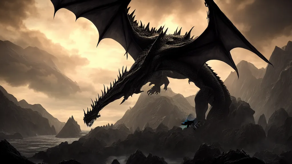 Image similar to Ancalagon the black, the biggest dragon that ever lived, over towering the huge mountains of Thangorodrim, in focus, epic, cinematic lighting, Unreal Engine 5, film key art, Bloom, dramatic lighting, cg artist