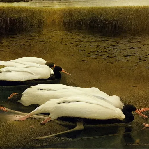Prompt: black swans all mixed together in the dark waters. immersive perspective, interesting composition. concept art. highly detailed. by andrew wyeth, john dollman and william bouguereau-W 1024