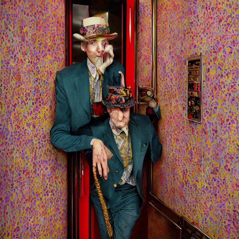 Image similar to vogue photoshoot octane render portrait by wayne barlow and carlo crivelli and glenn fabry, a handsome eccentric man in a bright colorful patterned pastel wes anderson elevator operator costume inside a dark and moody vintage elevator in a high - end exotic vintage boutique hotel, very short depth of field, bokeh