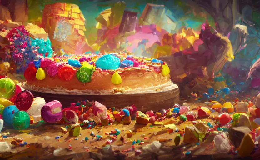 Prompt: a colorful digital painting of a cake with lots of sweets on it, by greg rutkowski and james gurney, sharp details, 8 k, highly detailed, matte background, trending on artstation