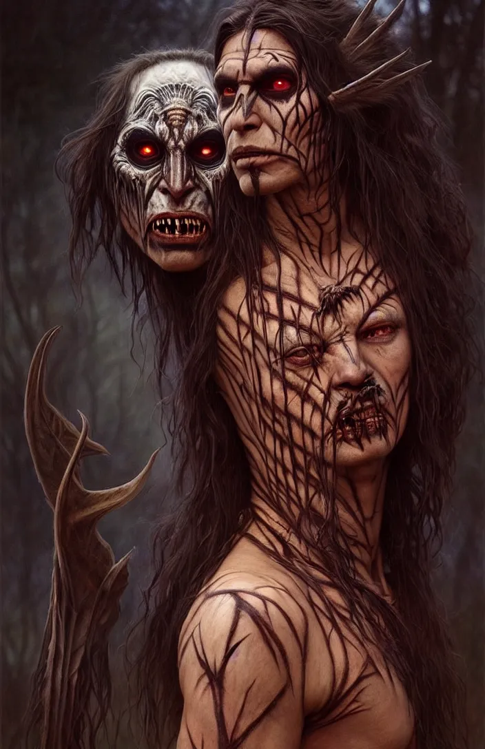 Image similar to evil native american skinwalker transformation, horror demon, heroic lighting, dark fantasy, intricate, elegant, highly detailed, lifelike, photorealistic, digital painting, artstation, illustration, concept art, smooth, sharp focus, art by John Collier and Albert Aublet and Krenz Cushart and Artem Demura and Alphonse Mucha