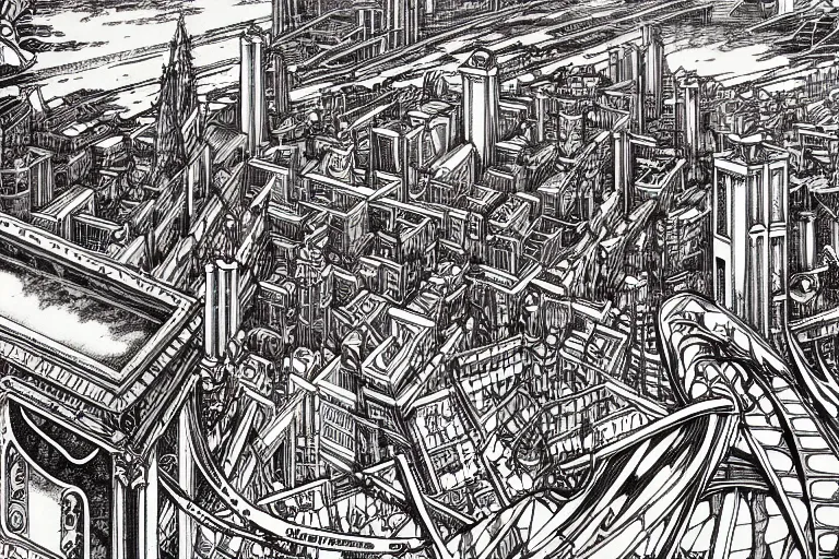 Prompt: establishing shot of a late renaissance coastal city, intricate linework, in the style of moebius, ayami kojima, 1 9 9 0's anime, retro fantasy