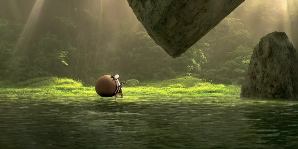 Image similar to a cell - shaded cartoon movie still from howl's moving castle ( 2 0 0 4 ) of a golem lifting a huge stone in a flooded rainforest valley. stonehenge is seen in the background with shafts of sunlight from above. wide shot, very dull muted colors, hd, 4 k, hq