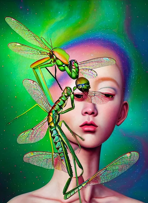 Image similar to hyper detailed 3d render like a Oil painting - kawaii portrait Aurora (gold haired Singer Praying Mantis Dragonfly) seen Eating of the Strangling network of yellowcake aerochrome and milky Fruit and Her compund eyes delicate Hands hold of gossamer polyp blossoms bring iridescent fungal flowers whose spores black the foolish stars by Jacek Yerka, Mariusz Lewandowski, Houdini algorithmic generative render, Abstract brush strokes, Masterpiece, Edward Hopper and James Gilleard, Zdzislaw Beksinski, Mark Ryden, Wolfgang Lettl, hints of Yayoi Kasuma, octane render, 8k