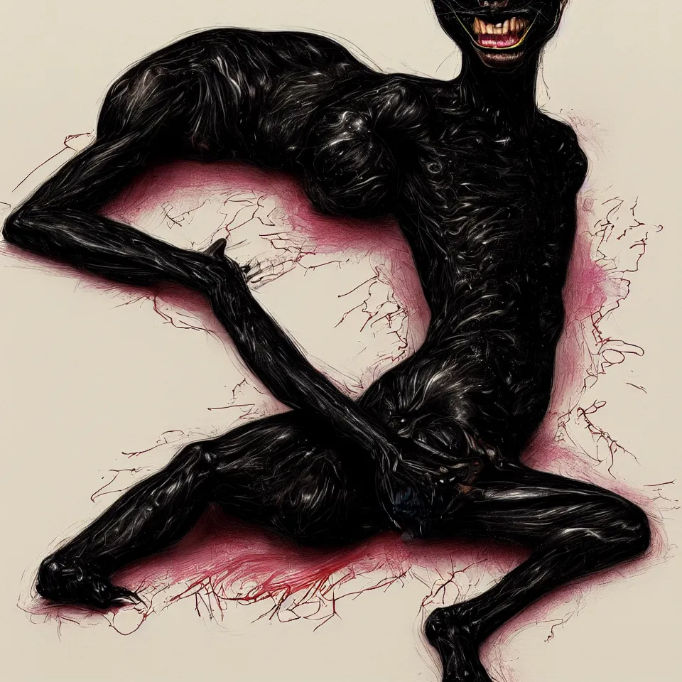 Prompt: bright realistic anorexic man turning into a black cat and smiling franticly, apartment, rotten flesh, diffuse lighting, fantasy, intricate, elegant, highly detailed, lifelike, photorealistic, digital painting, artstation, illustration, concept art, smooth, sharp focus, art by francis bacon and jenny saville