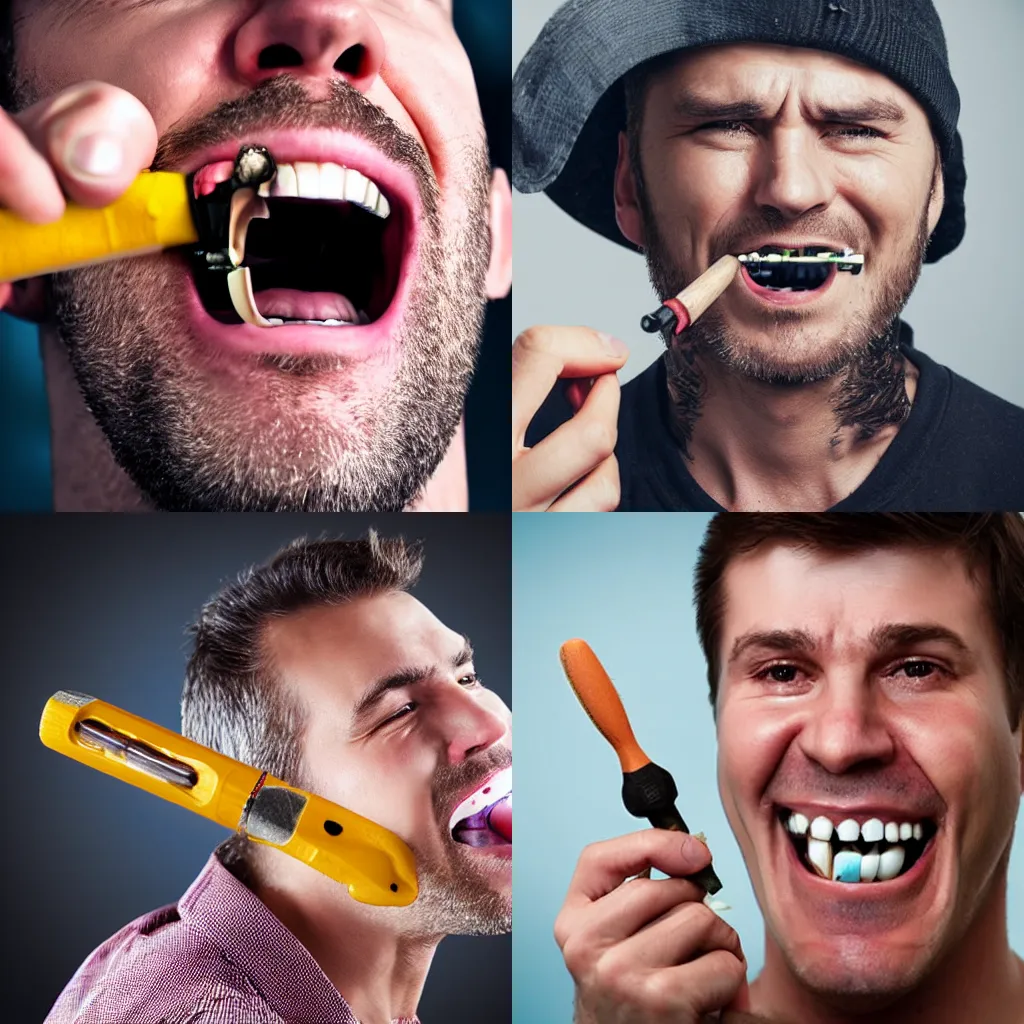 Prompt: man chewing on a screw driver breaking his teeth, photo realistic