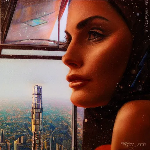 Image similar to detailed face of an arabic woman, tectonic cityscape, skydome, reactor, utopian, wet reflections, prism, atmospheric, ambient, pj crook, syd mead, livia prima, artgerm, greg rutkowski, nick alm, casey baugh