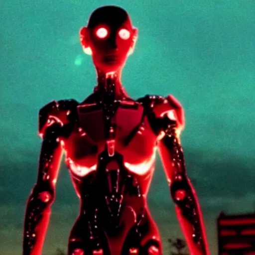 Image similar to movie still of a cyborg evangelion, cinematic composition, cinematic light, warm lighting criterion collection, by david lynch and edgar allan poe