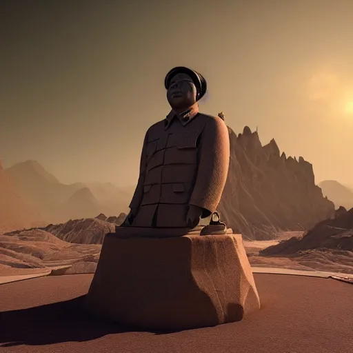 Image similar to a photo of mao zedong's sculpture in cybercity on mars a made of resin by joe johnston and nilo rodis, highly detailed, dramatic lighting, unreal engine 5 highly rendered, radiant light, detailed and intricate environment, wide angle, cinematic lighting