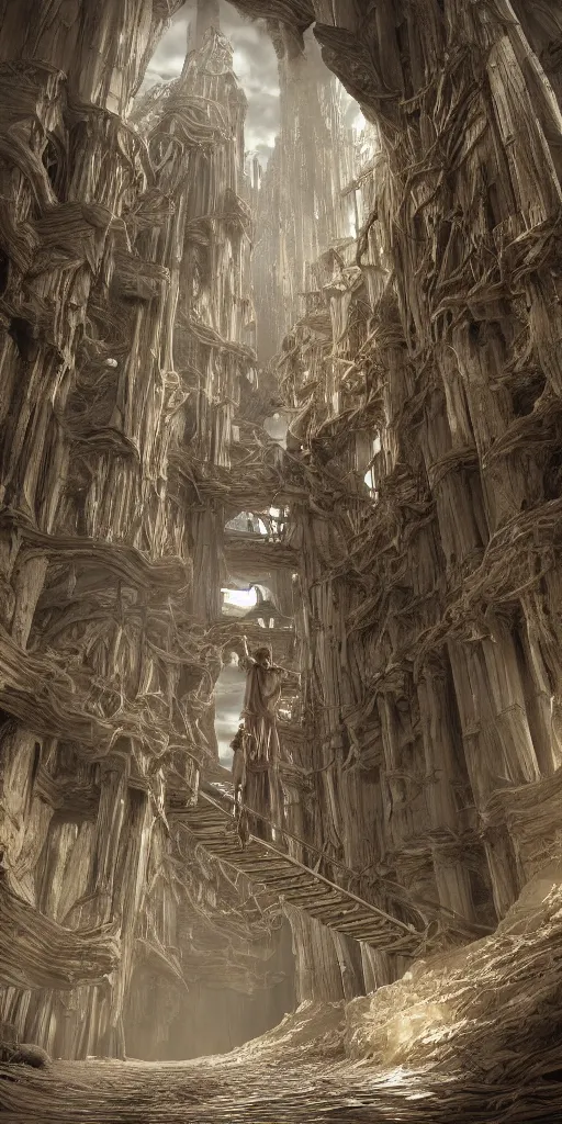 Image similar to intricate details of jacob's dream in genesis, a ladder that stretched from earth to heaven on which angels were ascending and descending, hyper realistic, ultra detail, octane render,