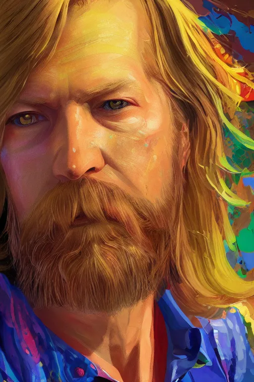 Prompt: a professional painting of Duane Allman, in brightly colored psychedelic shirt, long hair, beautiful bone structure, symmetrical facial features, intricate, elegant, digital painting, concept art, smooth, sharp focus, illustration, from StarCraft by Ruan Jia and Mandy Jurgens and Artgerm and William-Adolphe Bouguerea, epic, stunning, gorgeous, intricate detail, much wow, 4K, masterpiece, trending on artstation