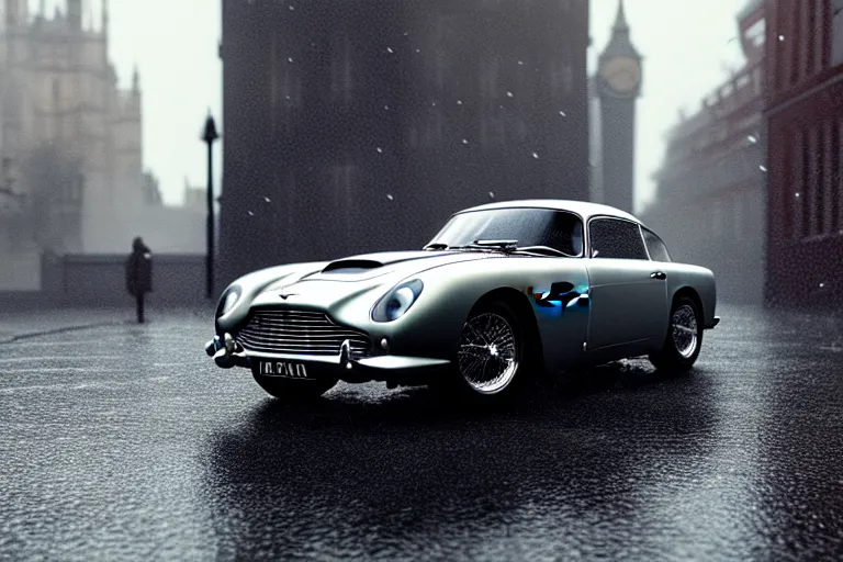 Image similar to a wholesome animation key shot of!! one!! focused!! aston martin db 5!!, dynamic, on a wet london street, raining, wide shot, studio ghibli, pixar and disney animation, sharp, very detailed, high resolution, rendered in unreal engine 5, anime key art by greg rutkowski, dull atmospheric lighting