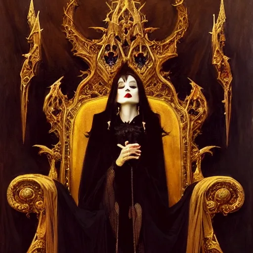 Image similar to perfectly centered portrait of attractive vampire queen in gold gothic robe sitting on a throne of black bones, painting by gaston bussiere, craig mullins, j. c. leyendecker, 8 k, mid shot