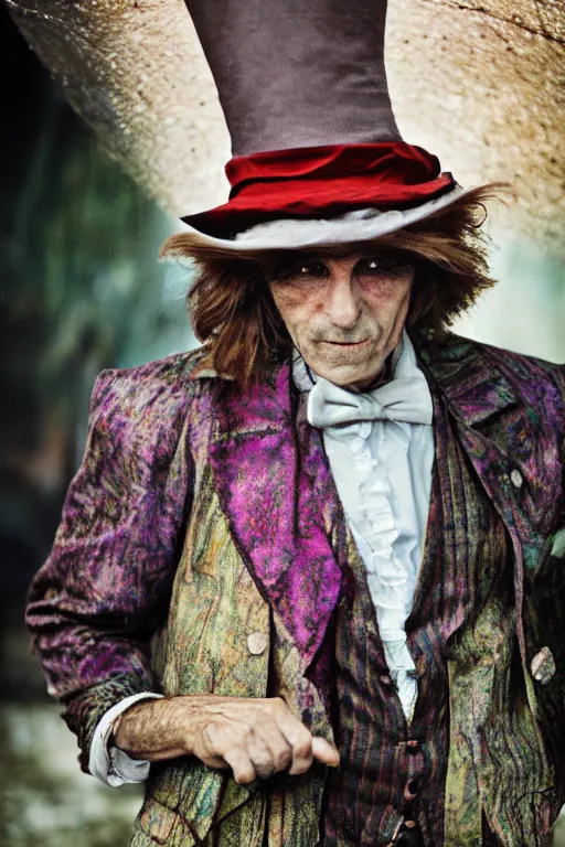 Prompt: a beautiful portrait of the Mad Hatter taken by Steve Mccurry