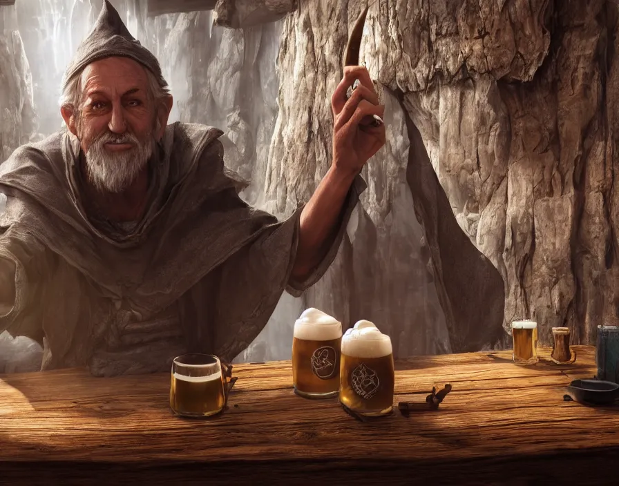 Prompt: old sage wizard drink beer from wooden cup in fantasy tavern, realistic fingers, realistic body, realistic clothing, beautiful texture, beautiful graphics, fantasy artwork, very beautiful scenery, hd, hdr, ue 5, ue 6, unreal engine 5, cinematic 4 k wallpaper, 8 k, ultra detailed