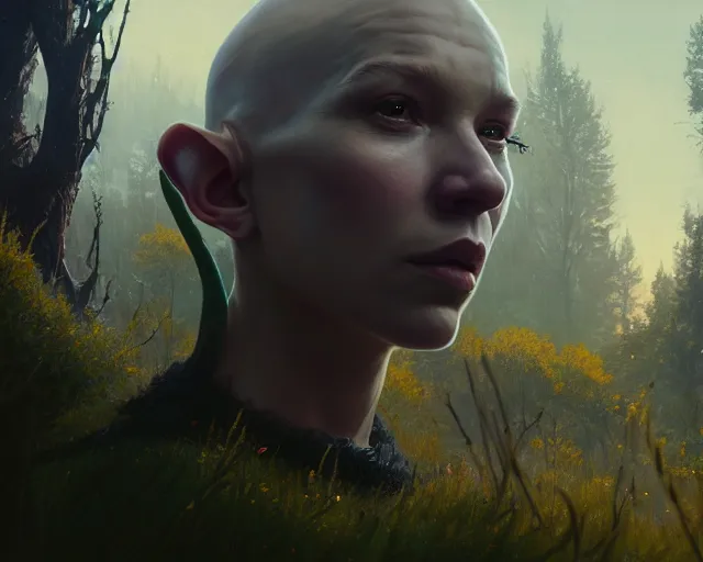 Image similar to highly detailed portrait of lea seydoux as a fantasy bald elf, in gta v, stephen bliss, unreal engine, fantasy art by greg rutkowski, loish, rhads, ferdinand knab, makoto shinkai and lois van baarle, ilya kuvshinov, rossdraws, tom bagshaw, global illumination, radiant light, detailed and intricate environment