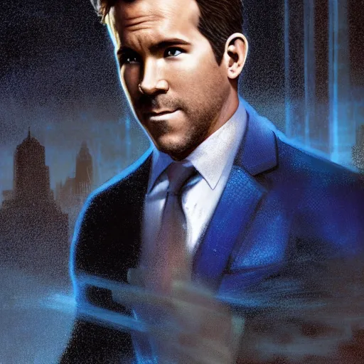 Image similar to ryan reynolds as spider - man, wearing a black and blue suit, cinematic, volumetric lighting, f 8 aperture, cinematic eastman 5 3 8 4 film, photorealistic by greg rutkowski, by stanley artgerm, by alphonse mucha